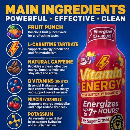 Image of Vitamin Energy Fruit Punch Extra Strength Energy Shot, 24 Pack - Up to 7 Hrs, 260mg Natural Caffeine, Zero Sugar - Green Tea Extract, Immune Support, B12 B6 Niacin, 1.93 fl oz, Keto Vegan
