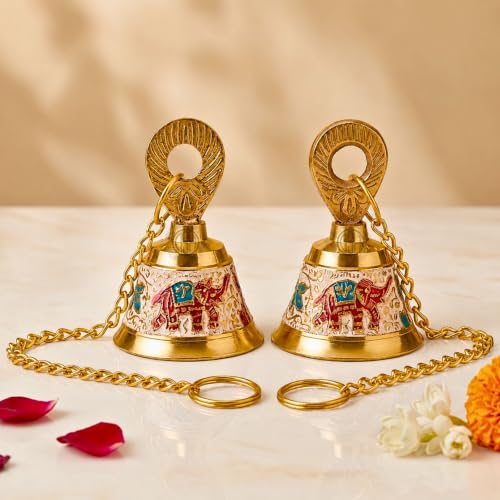 Image of DSH Pure Brass Hanging Bell with Chain for Temple Mandir Door Home Decorative Ringing Bell (White, 2)