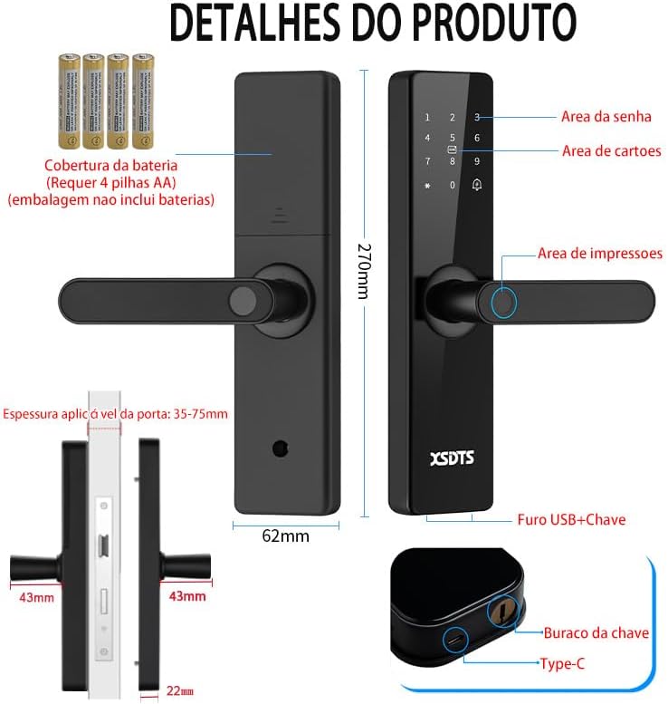 വിശദമായി view of XSDTS Smart Lock components and battery compartment