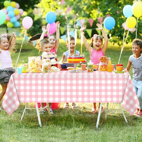 Image of Mulbozy 3 Pcs Pink Gingham Tablecloth Plastic 54 x 108 Inches