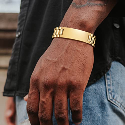 Personalized Id Bracelets Gifts For Men -Customize Mens Stainless Steel Link Bracelet,Mascline 15.5Mm Width Watch Band Wristband,Engraving Gifts To Him Boyfriend Dad Husband, Father's Day Gift/Gold #TOP1
