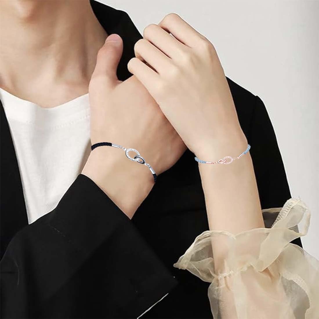 Bracciali Per Coppia A Incastro – Set Da 2 Con Effetto Fluorescente – Design Geometrico Nero E Blu – Regalo Di San Valentino Per Innamorati - 3