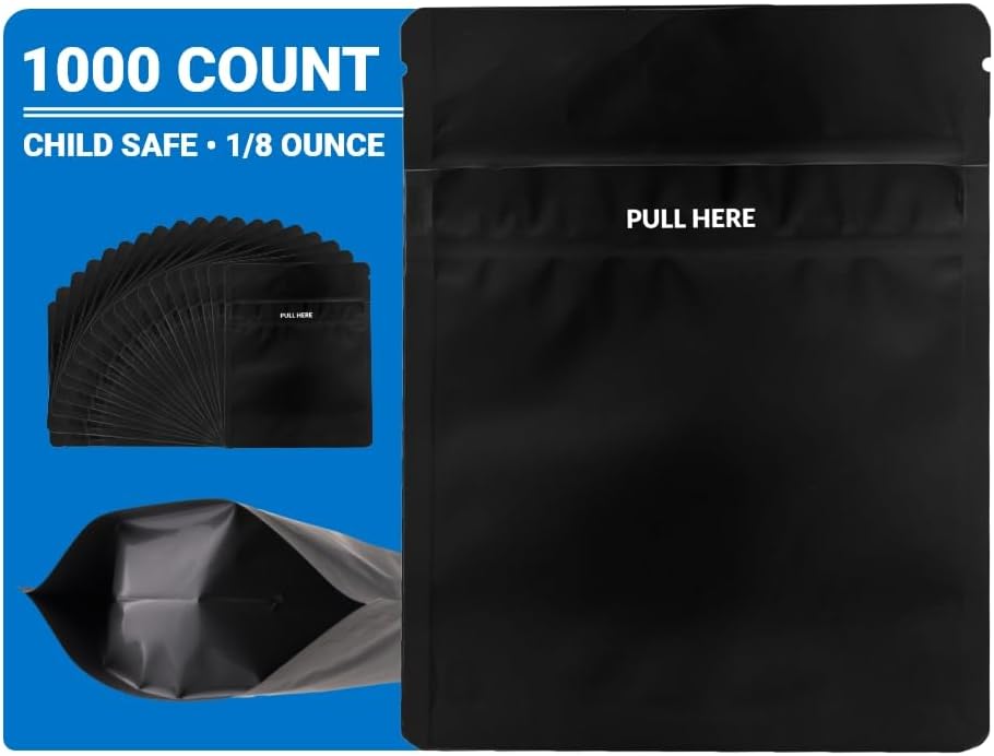 Loud Lock Mylar Bags 1000 Count 5" x 4" All Black - Child Resistant - Mylar Bags For Food Storage - Resealable Bags