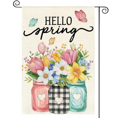 AVOIN colorlife Hello Spring Garden Flag 12x18 Inch Double Sided Outside, Floral Mason Jar Holiday Yard Outdoor Flag