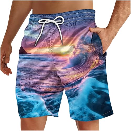 Men Swim Trunks Hawaiian Beach Bathing Suit Swimsuits Elastic Waist Drawstring Summer Tropical Print Shorts w/Pockets