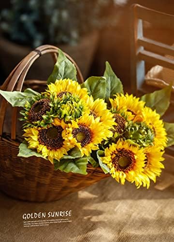Decpro 2 Bunches of Artificial Sunflowers, 18 Heads Realistic Silk Sunflowers with Green Leaves for Home Hotel Office Wedding Party Garden Decoration, Floral Arrangement, Centerpieces