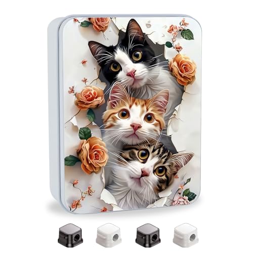 Image of Metal Tin Box with Lid for Game Cards Home Organizer Candles Keys Crafts Storage - Comes with 4 Magnetic Cord Clips，Cute Cats and Roses