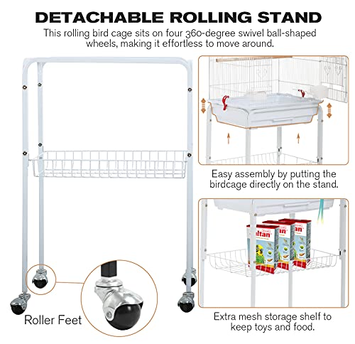 Bird Cage Parakeet Cage 64 inch Open Top Standing Parrot Cage Accessories with Rolling Stand for Medium Small Cockatiel Canary Parakeet Conure Finches Budgie Lovebirds Pet Storage Shelf (White) - Thumbnail 4