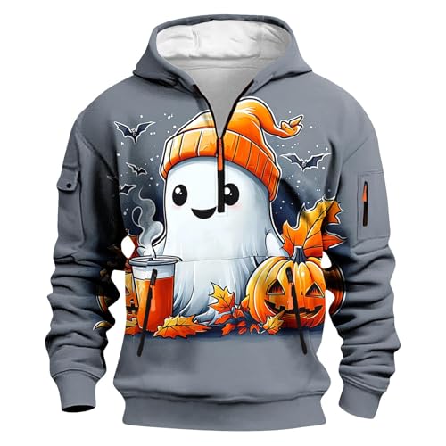 Halloween Hoodies for Men Half Zip Up Cute Graphic Print Comfy Pullover Novelty Sweatshirt Hoodie with Pockets