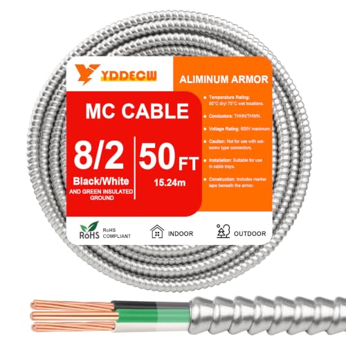 Image of 50FT 8 /2 Metal Clad (MC) Cable with Ground, 8 Gauge Electric Wire with Aluminum Armor, Solid Bare Copper Conductors for Indoor Outdoor Underground Embedded Installation (8 /2, 50 ft)