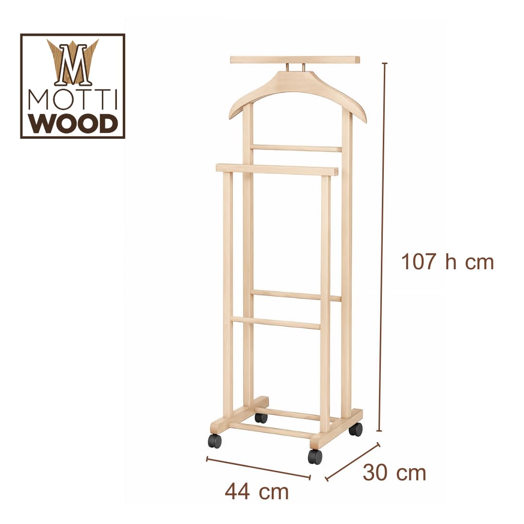 Mottiwood Indossatore Doppio con Appendi Pantalone, Appendiabiti Da Camera, 100% Legno Faggio, Servo Muto Doppio con 4 Ruote, Color Naturale, Made in Italy