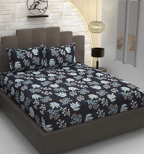 Image of KAWI Elastic Fitted Bedsheets (60 inchx78 inch) Queen Size Glace Cotton for Double Bed with All Around Elastic, 2 Large Pillow Cover, 200TC - Blue Dark Color