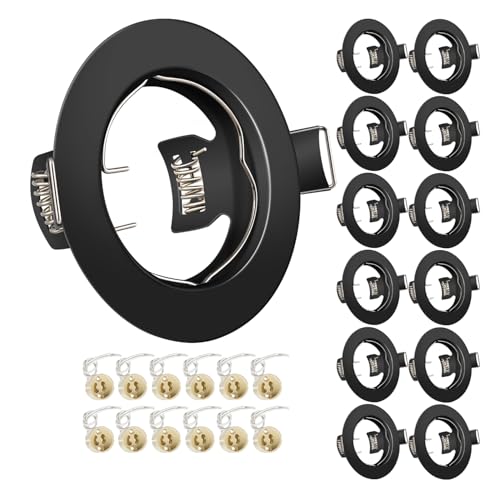 Marco Foco Empotrable, Negro Redondo Metálica, Incl. Zócalo GU10 Para Lámparas, Agujero 55-70mm, Para Lámparas De Led O Halógena, Marco Empotrado Ojo de Buey, Para Baño Sala Cocina, etc.,12 Pack