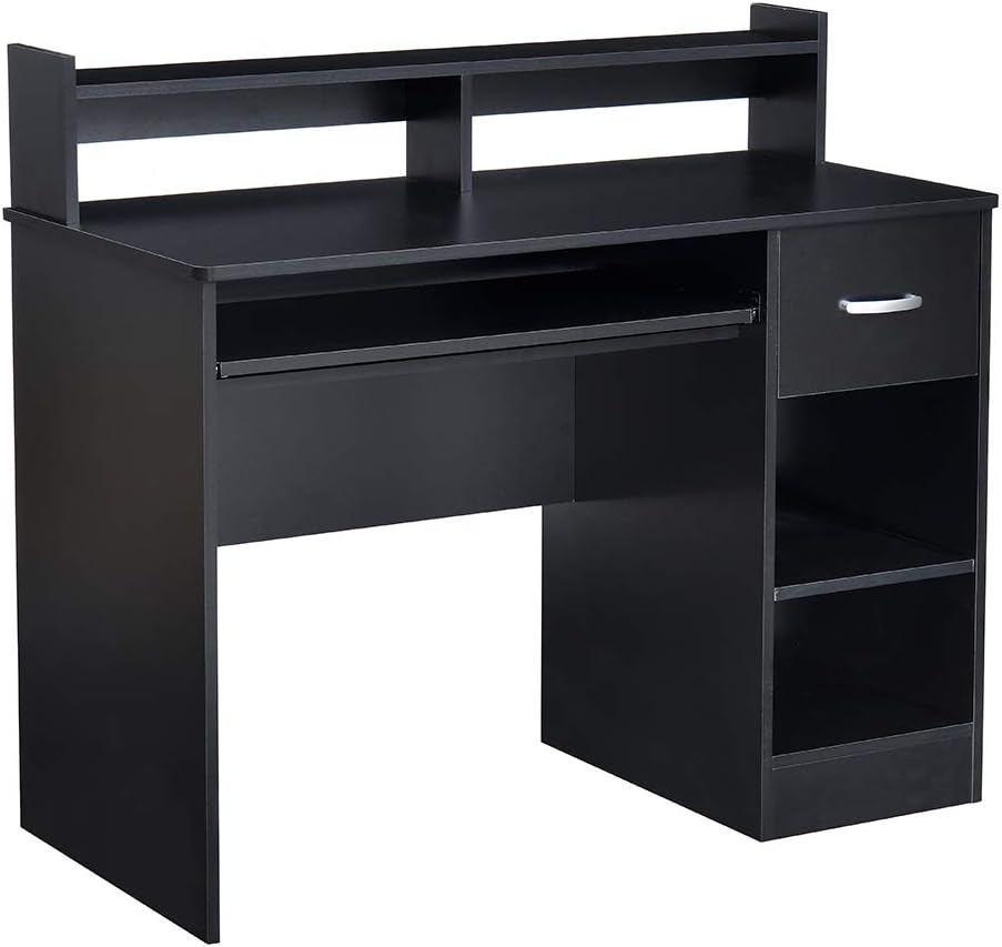 ROCKPOINT Axess Black Computer Keyboard Tray and Drawer Small Home Office Bedroom, Homework and School Studying Writing Desk for Student with Storage Modern Black