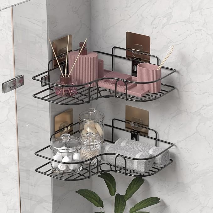 Image of Self Adhesive Bathroom Corner Shelf Without Drill, Stainless Steel Corner Rack, Shampoo Holder, Bathroom Storage Organizer, Rustproof (Black, Pack of 2)
