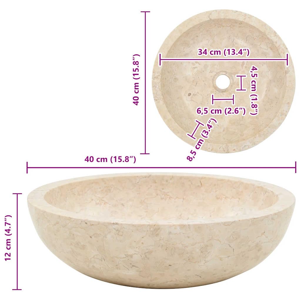 vidaXL Lavabo Sanitario Cuarto de Baño Servicio Fregadero Piezas de Fontanería Bricolaje Instalación Decoración Aseos Grifería 40x12 cm Mármol Crema Piedra Natural