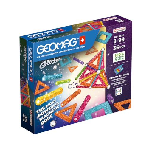 Geomag, Glitter Recycled, Constructions Magnétiques Pailletées, Barrettes Magnétiques Pailletées et Colorées, Pack de 35 Pièces, 100% Plastique Recyclé