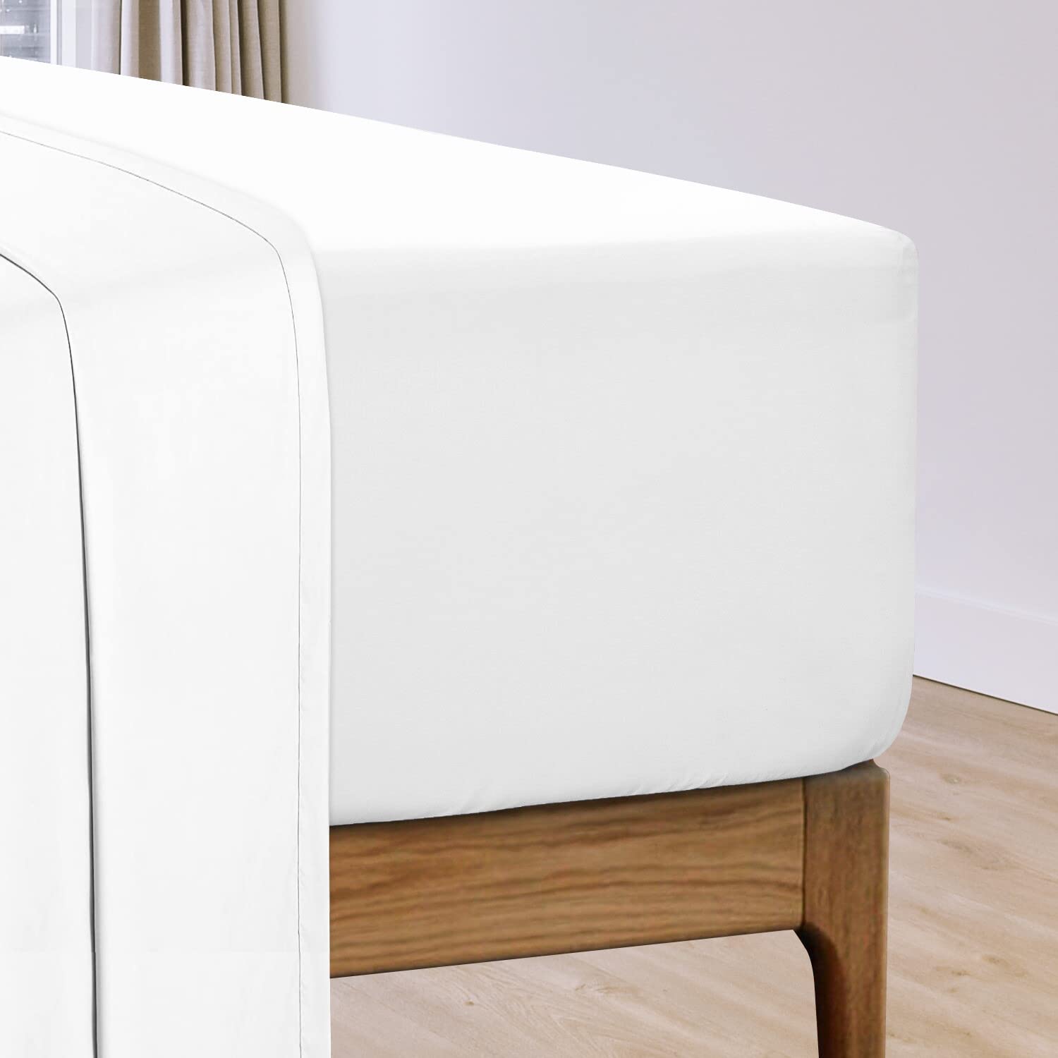 Pizuna Cotton Percale Single Fitted Sheet White,100% Long Staple Combed CottonSingle Fitted Sheet 90x200 cm,Percale Weave 40 cm Deep Pocket Single Fitted Sheet 1 PC White