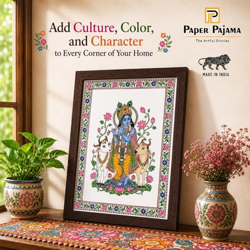 Image of PAPER PAJAMA Lord Krishna with Cow Wall Art for Living Room | Madhubani Krishna Flute Painting | Traditional Mithila Religious Framed Decor for Home, Temple & Office (10x13 Inches)