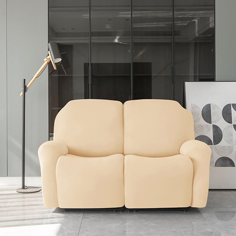 Funda suave y elástica para sillón reclinable, antideslizante, con bolsillos laterales, color crema, funda para muebles de 2 plazas, fácil de limpiar e instalar.