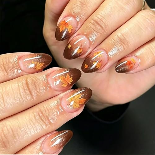 SYPAFG Brown Ombre French Tip Press on Nails Short Almod - Maple Leaf