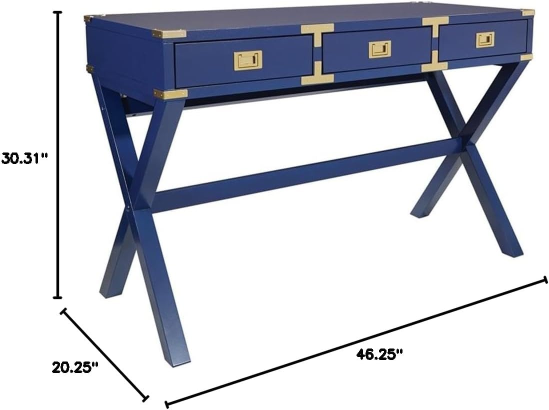 Pemberly Row 46" Home Office Desk, Engineered Wood, Lapis Blue Finish, Includes Power Station, 3 Storage Drawers, Vintage Field Style Writing Desk for Workspace or Home Office Use