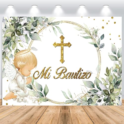 ASDCXZ Mi Bautizo Telón de Fondo 2,2x1,5m, Hojas Verdes Bendición de Dios Primera Comunión Vinilo Fondo de Fotografía para Comunión Bautismo Baby Shower Fiesta Decor Accesorios para Sesión de Fotos