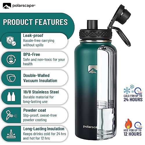 Polarscape Stainless Steel Insulated Water Bottle with Straw, Metal Water Bottle, Includes 3 Lids, 2 Straws, and Straw Brush - Image 4
