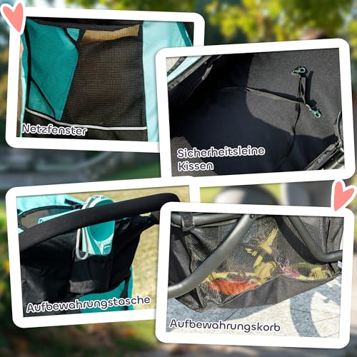 PawHut Hundewagen Jogger Hundebuggy klappbar für kleine Hunde & Katzen bis 10 kg Katzenbuggy mit 3 große Gummiräder, Kissen Netzfenstern Aufbewahrungskorb Katzenwagen mit Sicherheitsleinen, Türkis