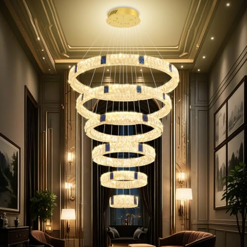 IDEQUY Extra Large 6 Ring Gold Crystal Staircase Chandelier