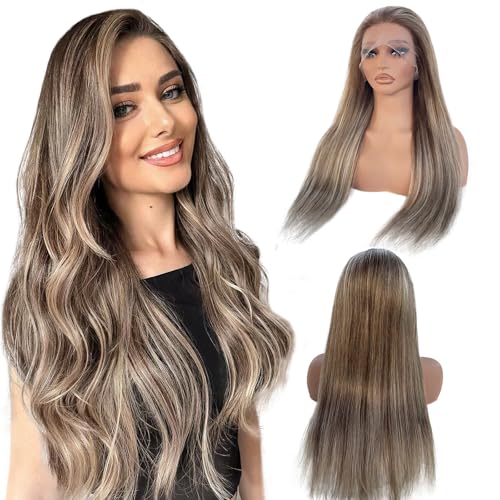 Image of Munx Ash Blonde Lace Front Wig Human Hair, Pre Plucked Straight 13x4 Ombre Highlight Wig Human Hair for White Women Natural Hairline Full 180% Density Brown and Blonde Frontal Wigs 18 inch