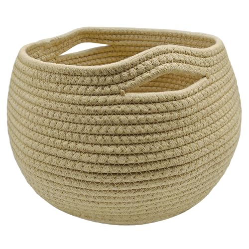Round Woven Storage Basket, Handmade Cotton Rope Basket for Shelf Storage Organizing, Living Room, Toys, Towel, Bedroom, Corner Decoration, Plant Baskets Indoor, Sundries, 25.5x21cm (Khaki)