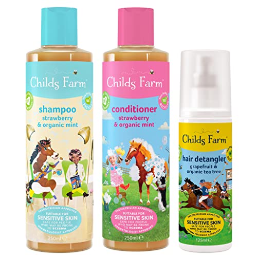 Childs Farm Lot de 3 shampoings et après-shampoing pour enfants à la fraise et à la menthe bio 250 ml, démêlant à l'arbre à thé au pamplemousse 125 ml, convient aux peaux sèches et sujettes à l'eczéma Cover