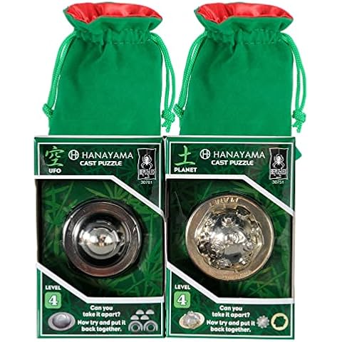 Deluxe Games and Puzzles Planet & UFO Hanayama Puzzles, with Green Velvet/Red Satin Drawstring Pouches - Bundled Items,(UNV_SET31) Cover