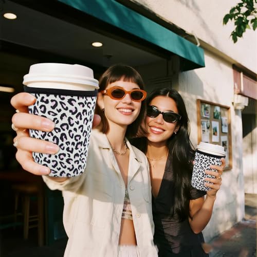 Image of Reusable Insulated Sleeve for Iced Coffee Cup, Coffee Neoprene Sleeve for Cold & Hot Drinks, Beverage Holder for Iced Coffee (Blush Leopard, Small: 16-18oz)