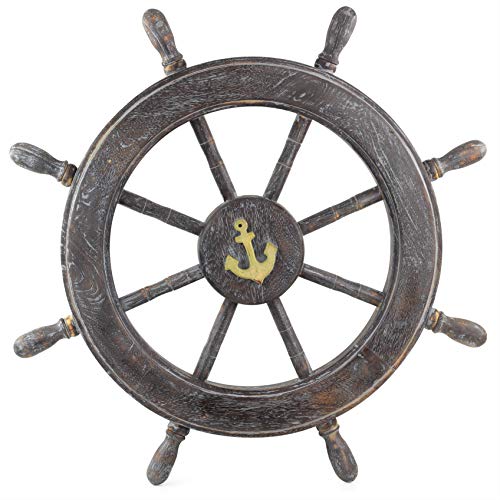 Nagina International Frosty Antique Junkyard Crafted Wooden Ship Wheel | Anchor Motiff | Pirate's Home Wall Decor (48 Inches)
