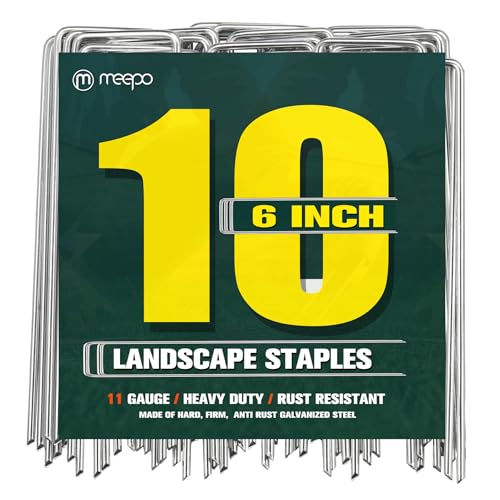 M MEEPO 10-Pack 6 Inch Heavy Duty Landscape Staples, Rust-Proof Galvanized Garden Stakes, 11 Gauge 5X Sharper U-Pins for Inflatables, Dog Fence, Tents, Weed Barrier, Outdoor Decor & Garden Repair