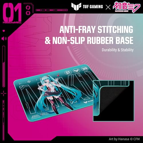 asus tuf gaming p1 hatsune miku edition portable gaming mouse pad  10 x 8 medium size aqua protective coating water-resistant surface durable anti-fray stitching non-slip rubber base