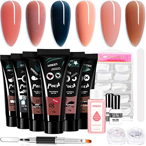 HMEEN Poly Gel Nail Kit Poly Nail Extension Gel Nail Enhancement Starter Gel with Base and Top Coat All-in-One Poly Nail Art French Manicure Set
