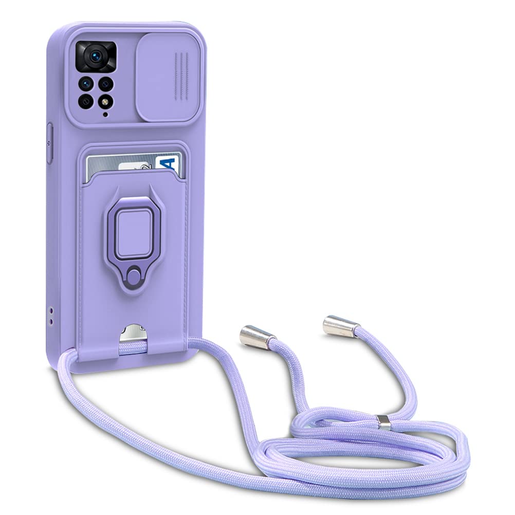 Protección de Cámara Funda Compatible con Xiaomi Redmi Note 11 Pro 5G, con Anillo Soporte, Ajustable Collar Correa de Cuello Cordón Carcasa de Silicona-Púrpura