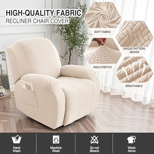 Image of Genina Recliner Chair Cover, Stretch Reclining Chair Covers, Recliner Sofa Slipcovers Stripe Jacquard Lazy Couch Covers Furniture Protector Covers for Pet Kid (Beige, 1 Seat)