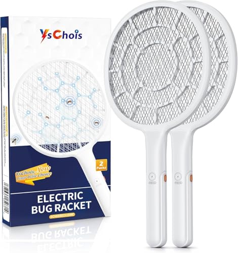YsChois Electric Fly Swatter Bug Zapper Companion Mosquito Killer Racket | Gold Zone Voltage 3mm Mesh Apple-Like Weight AA Battery Operated (not incl) Pro Swat Tips for Indoor & Outdoor 2 Packs