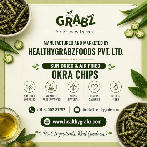 Image of GRABZ Crispy Bhindi Okra Chips| Air-Cooked, Solar-Dehydrated | Low Calorie Snacks - Roasted , Namkeen - No Transfat Diet| Gluten Free, Low Gi, No Cholesterol & Dried Vegetables chips | High Fiber, Olive Oil & Spicy Garlic Masala Flavor | 20g Each (Pack of 3)