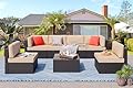 Vongrasig 7 Pieces Outdoor Patio Furniture Sets, Outdoor Sectional Rattan Sofa, PE Manual Weaving Wicker Patio Conversation Set with Cushion, Glass Table, Red Pillow (Beige)