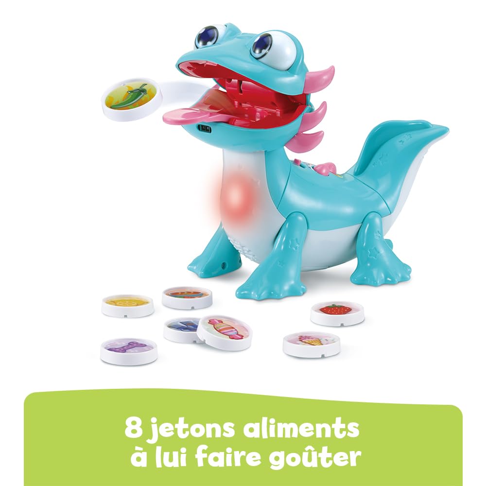VTech - Zebulon, Mój żarłoczny towarzysz, interaktywne zwierzę Axolotl, który mówi, śpiewa, je i reaguje, odkrywanie kolorów emocji, zabawka edukacyjna, prezent dla dzieci od 2 lat - zawartość w