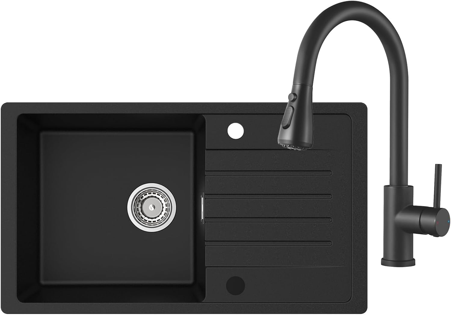 CECIPA 78 x 45 cm Lavello Cucina con Arco Rubinetto Estraibile, Lavello Nero con Gocciolatoio in Granito, Lavandino Cucina Nero per Mobile di lunghezza 60cm con Troppopieno e Sifone