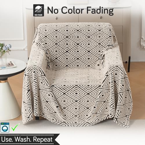 Image of HOKIPO Soft Plush Sofa Throw Cover for 1 Seater Sofa - Luxury All-Season Sofa Cover, 'Noirea Series' Geometric Diamond (180x180 cm) (AR-6651-D6)