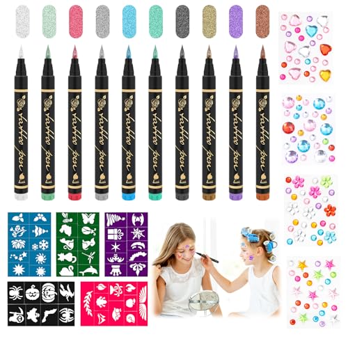 LTFIOON Marcadores de tatuagem para crianças, 10 Bolis tatuagens roxos, 5 palmilhas de tatuagem, 4 autocolantes de diamantes, kit tatuagens para menina, tatuagens temporárias crianças para festa de