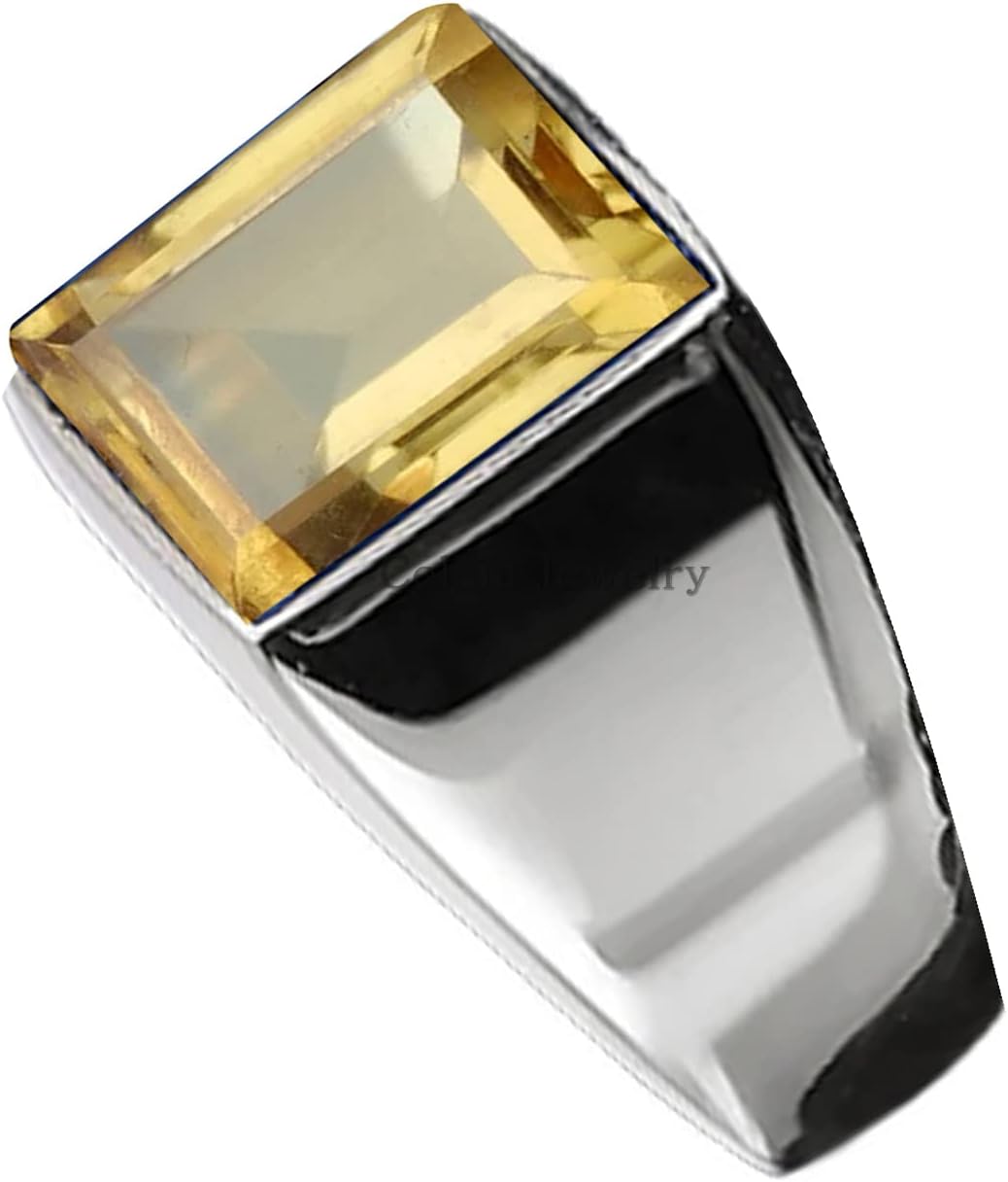 Solid 925 Sterling Silver Ring for Men, Natural Citrine Yellow 12MM Gemstone Signet Ring, Unique Handcrafted November Birthstone
