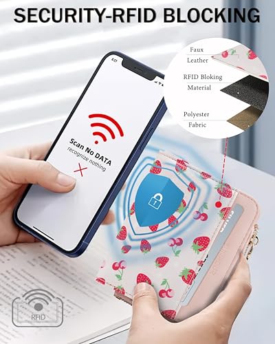 Image of Small Bifold Wallets Woman RFID Mini Wallet for Women Slim Card Holder with Zipper Coin Pocket & 2 ID Windows(Pink-Strawberry)